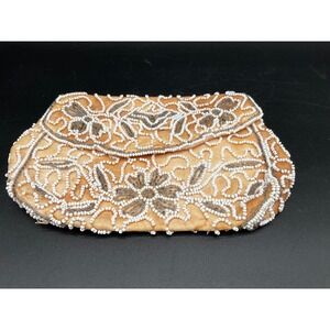 Vintage Beaded Evening Bag Clutch Purse White‎ Floral Pink Lining